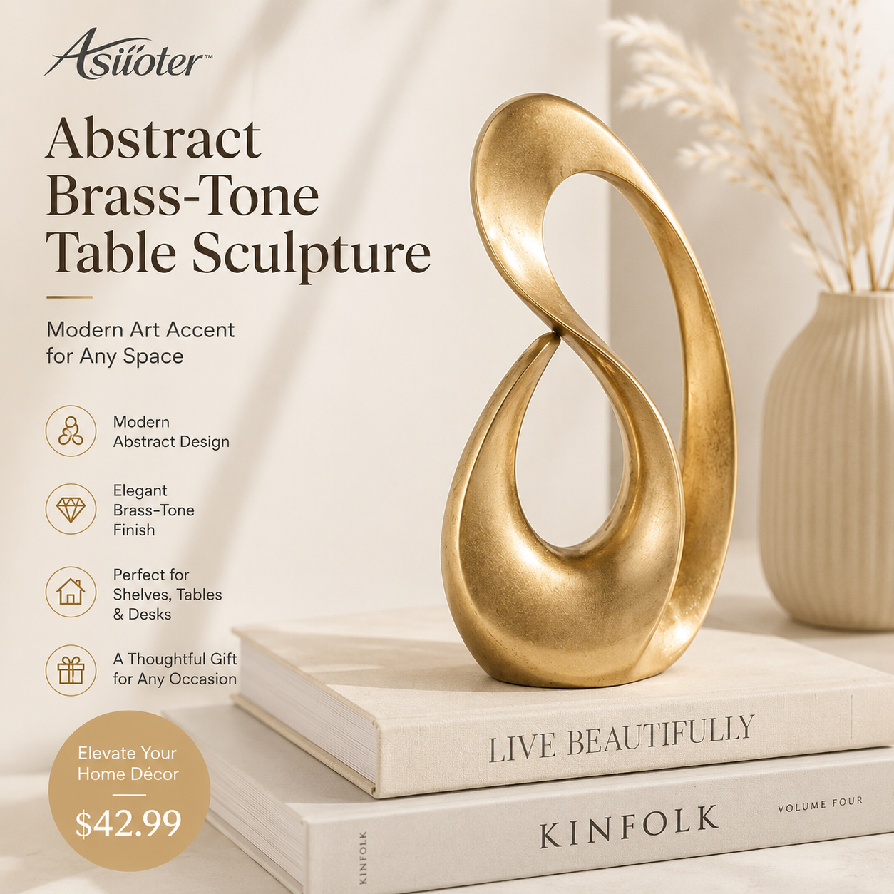 𝒂𝒔𝒊𝒊𝒐𝒕𝒆𝒓™ Abstract Brass-Tone Table Sculpture