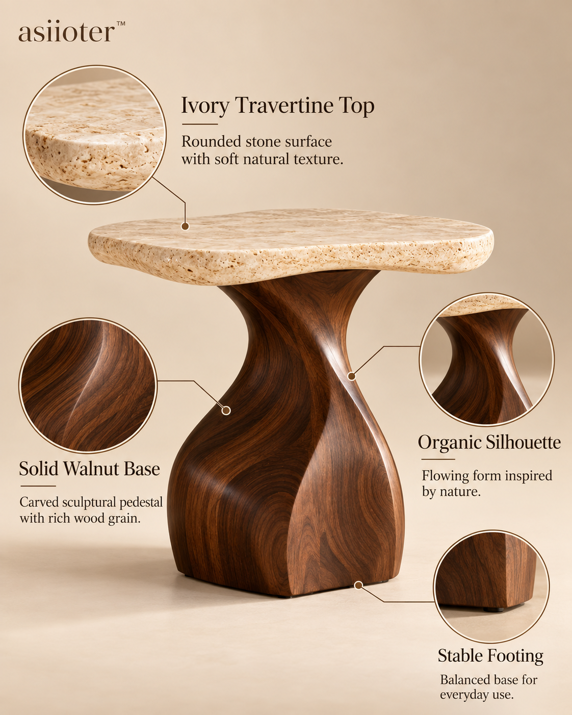 asiioter™ Avelin Sculptural Travertine Side Table