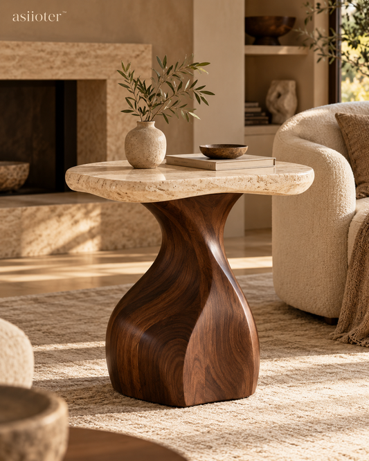 asiioter™ Avelin Sculptural Travertine Side Table