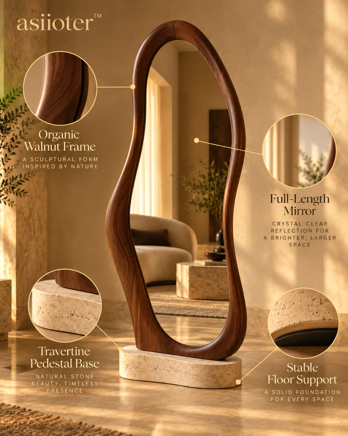 asiioter™ Selvara Sculptural Walnut Floor Mirror