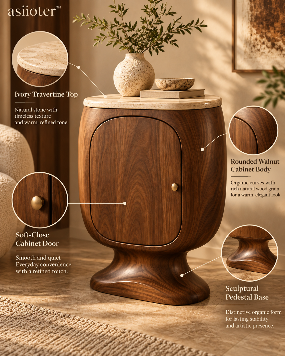 asiioter™ Velmora Sculptural Walnut Storage Cabinet