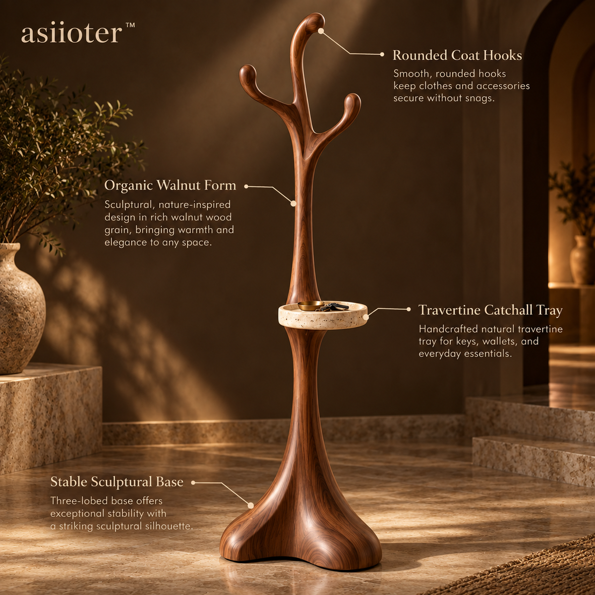 asiioter™ Arbora Sculptural Walnut Coat Stand