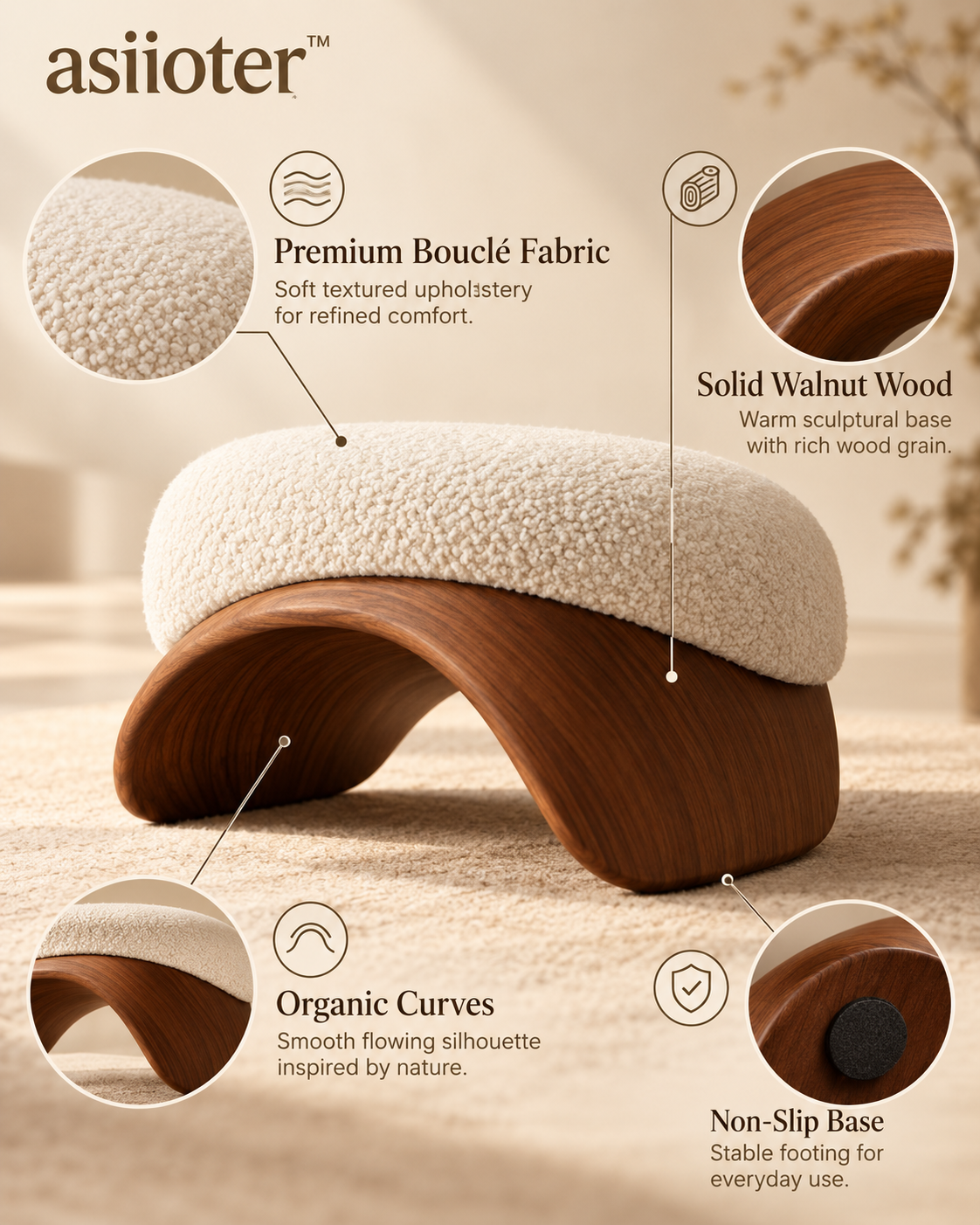 asiioter™ Novera Organic Sculptural Bouclé Ottoman