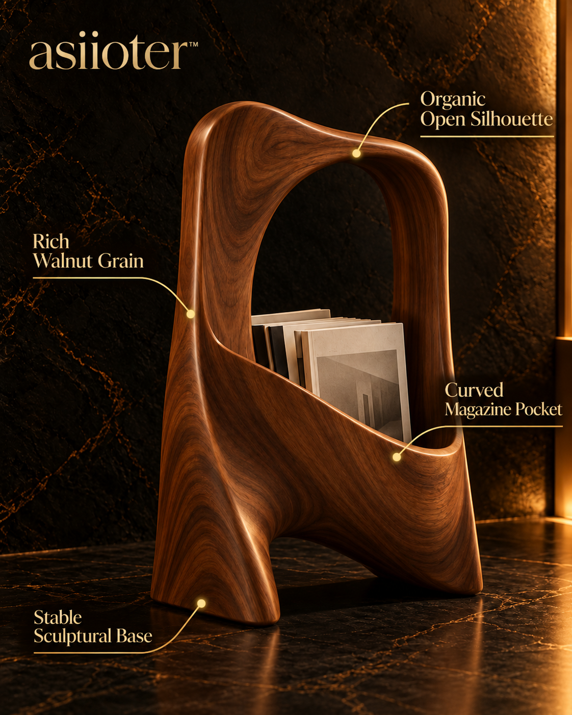 asiioter™ Solven Sculptural Walnut Magazine Holder